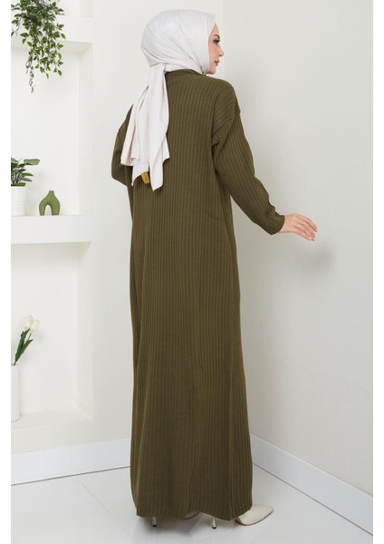Fitilli Yarım Fermuarlı Triko Elbise Haki HM2520 indirimleri