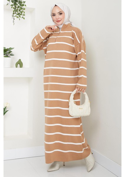 Fermuarlı Çizgili Triko Elbise Camel HM2528