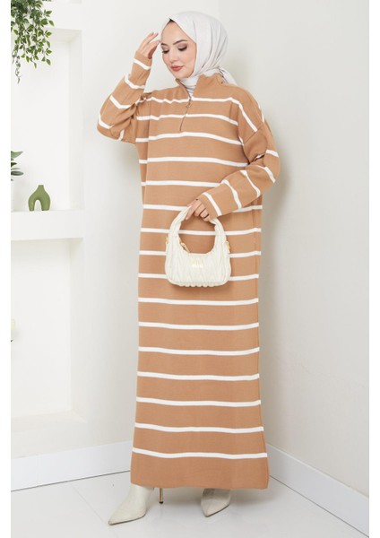 Fermuarlı Çizgili Triko Elbise Camel HM2528
