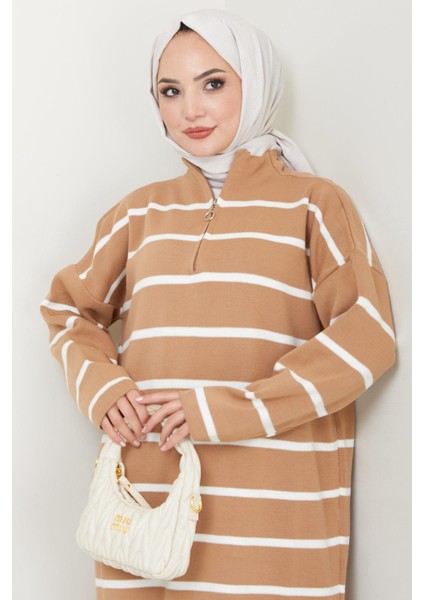 Fermuarlı Çizgili Triko Elbise Camel HM2528