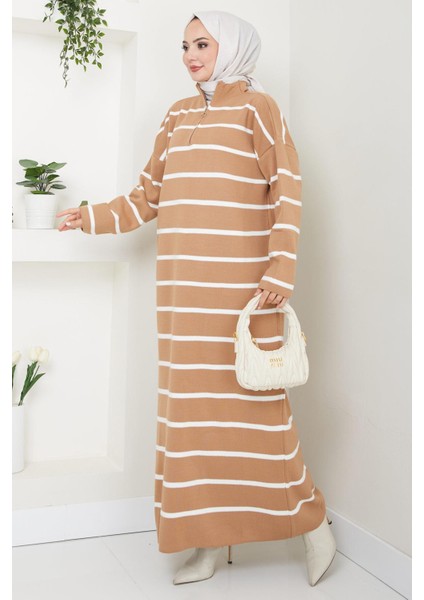 Fermuarlı Çizgili Triko Elbise Camel HM2528