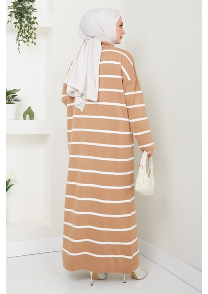 Fermuarlı Çizgili Triko Elbise Camel HM2528