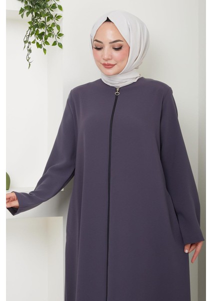 Fermuarlı Büyük Beden Ferace Füme HM2488 modelleri