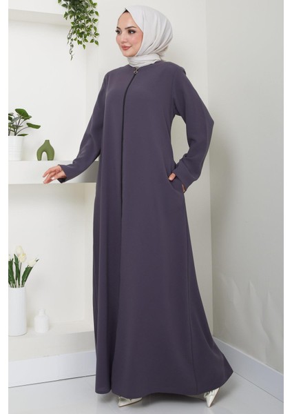 Fermuarlı Büyük Beden Ferace Füme HM2488 indirimleri