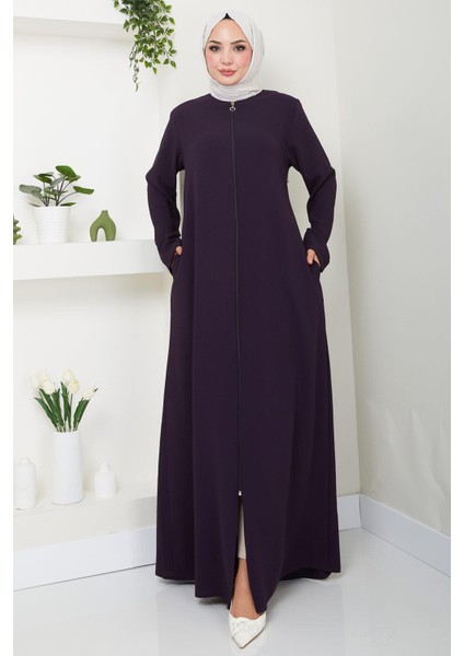 Fermuarlı Büyük Beden Ferace Mürdüm HM2488 modelleri