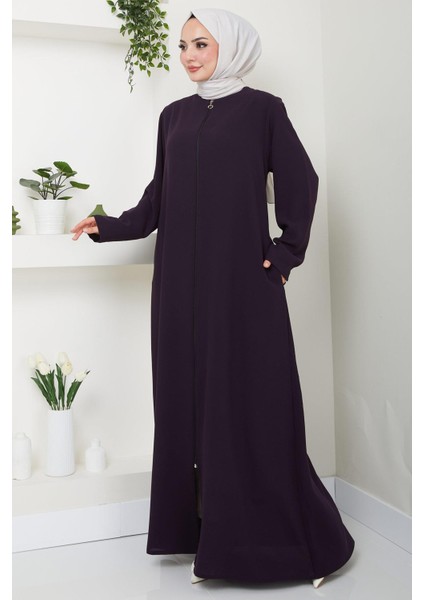 Fermuarlı Büyük Beden Ferace Mürdüm HM2488 fırsatları