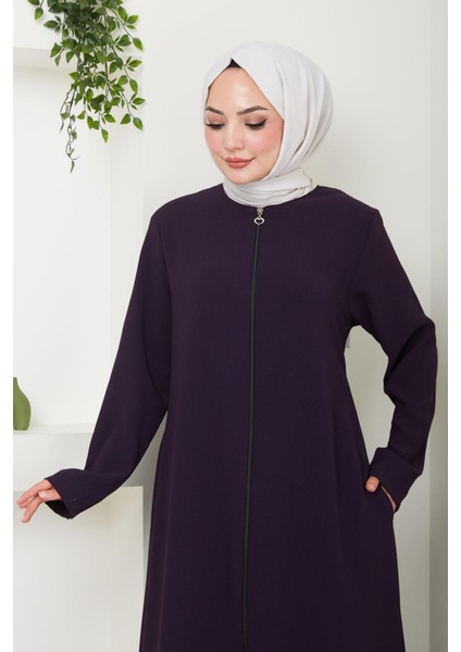 Fermuarlı Büyük Beden Ferace Mürdüm HM2488 indirimleri