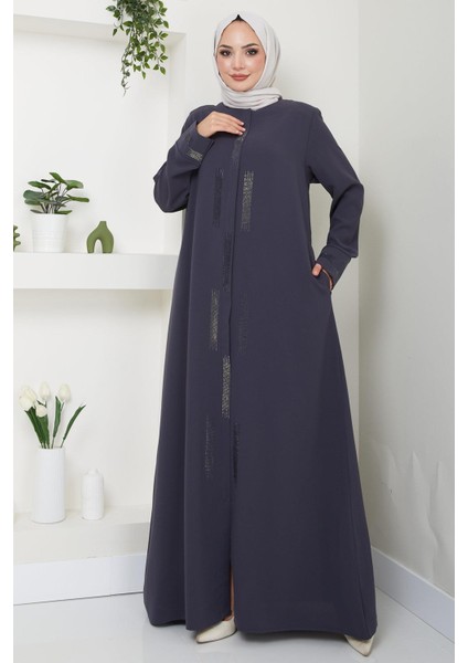 Taş Detaylı Büyük Beden Ferace Füme HM2047