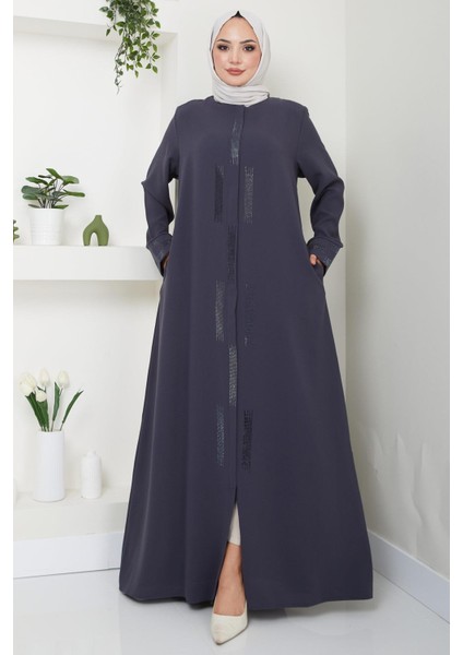 Taş Detaylı Büyük Beden Ferace Füme HM2047 fiyatları