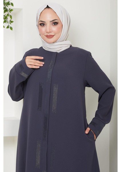 Taş Detaylı Büyük Beden Ferace Füme HM2047 modelleri