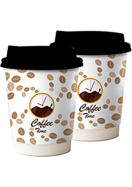 Kuzey Yıldızı Cup 8 Oz Double Wall Coffee Time  Siyah Kapaklı Karton Bardak 50 Adet