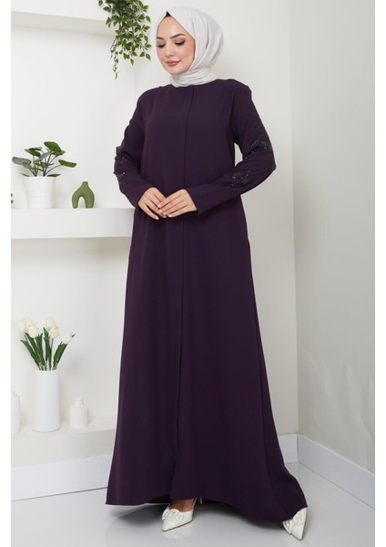 Nihan Kolları Taşlı Ferace Mürdüm HM2485