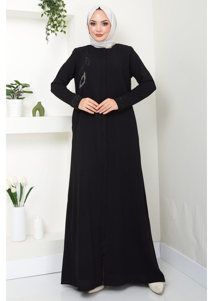 Hüma Taş Detaylı Ferace Siyah HM2479