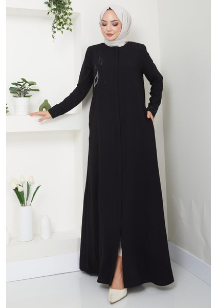 Hüma Taş Detaylı Ferace Siyah HM2479 fiyatları