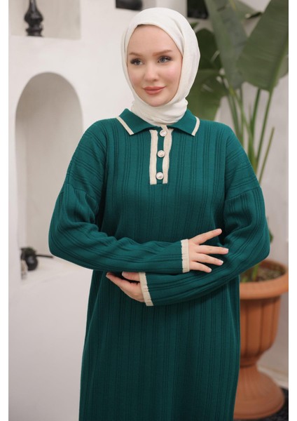 Gömlek Yaka Triko Elbise Zümrüt HM2521