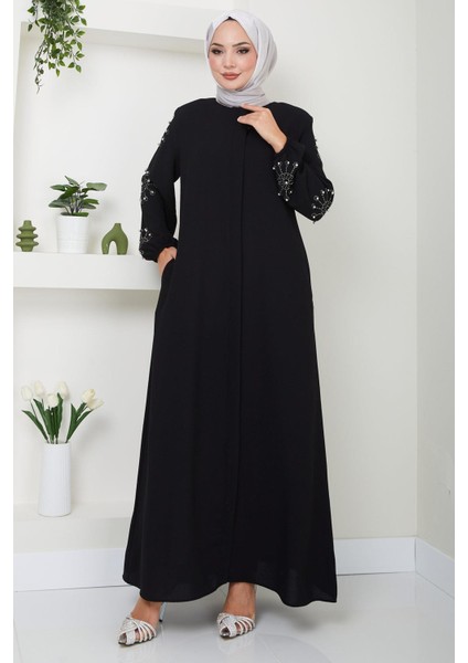 Kolu Taşlı ve Incili Ferace Siyah HM2494