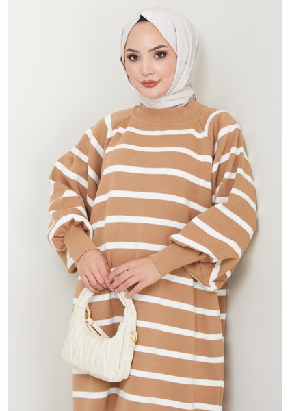 Çizgili Balon Kol Triko Elbise Camel HM2524 fiyatları