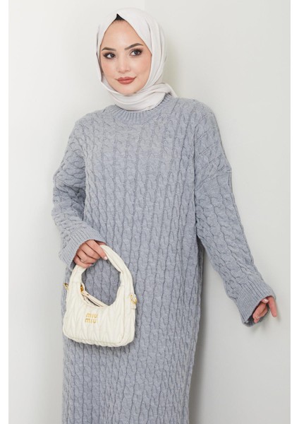 Örgü Desen Triko Elbise Gri HM2526