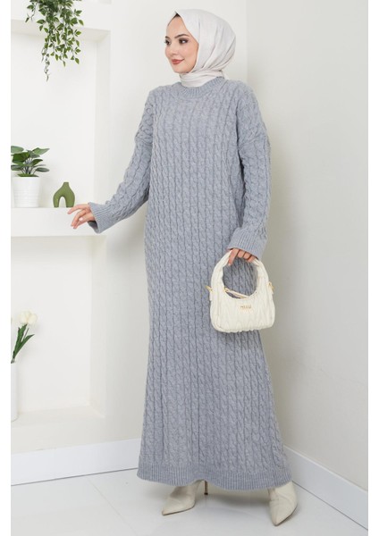 Örgü Desen Triko Elbise Gri HM2526