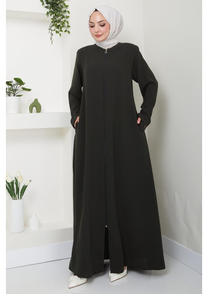 Fermuarlı Büyük Beden Ferace Haki HM2488 modelleri