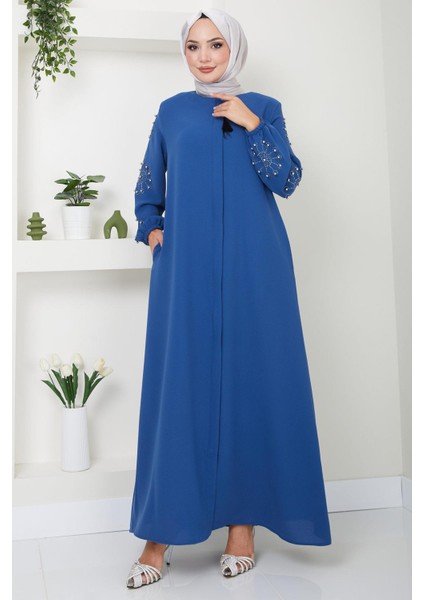 Kolu Taşlı ve Incili Ferace Indigo HM2494