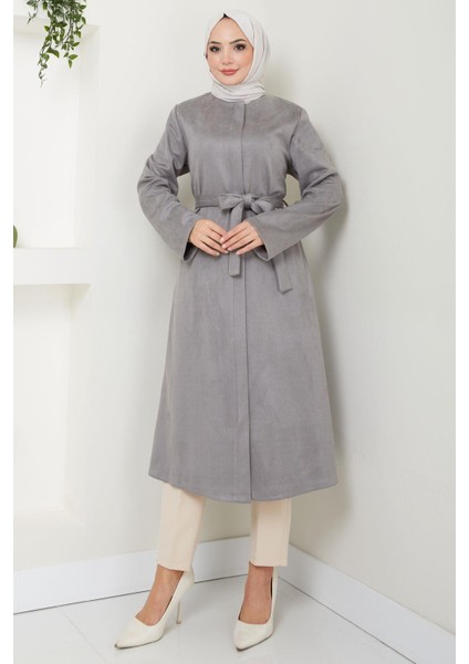 Fermuarlı Kuşaklı Süet Kap Gri HM2542