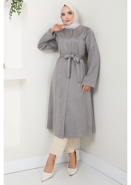 Fermuarlı Kuşaklı Süet Kap Gri HM2542 fiyatları