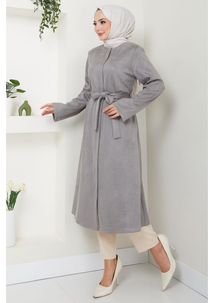 Fermuarlı Kuşaklı Süet Kap Gri HM2542 modelleri