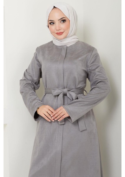 Fermuarlı Kuşaklı Süet Kap Gri HM2542 fırsatları