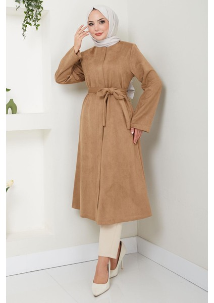 Fermuarlı Kuşaklı Süet Kap Camel HM2542
