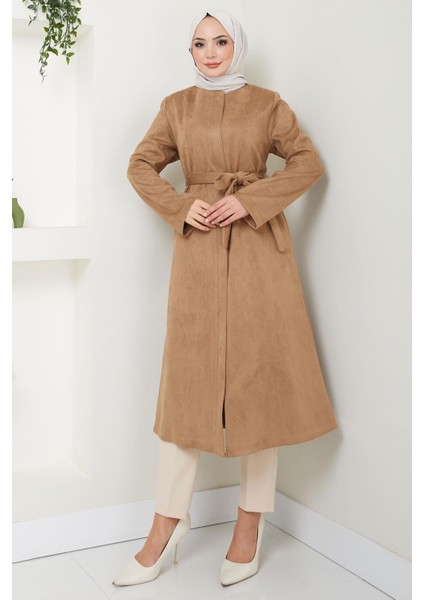 Fermuarlı Kuşaklı Süet Kap Camel HM2542 fiyatları