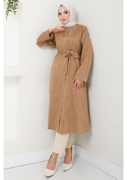 Fermuarlı Kuşaklı Süet Kap Camel HM2542 modelleri