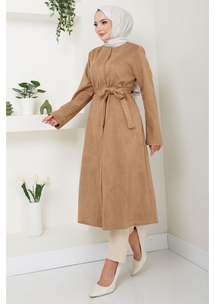 Fermuarlı Kuşaklı Süet Kap Camel HM2542 fırsatları