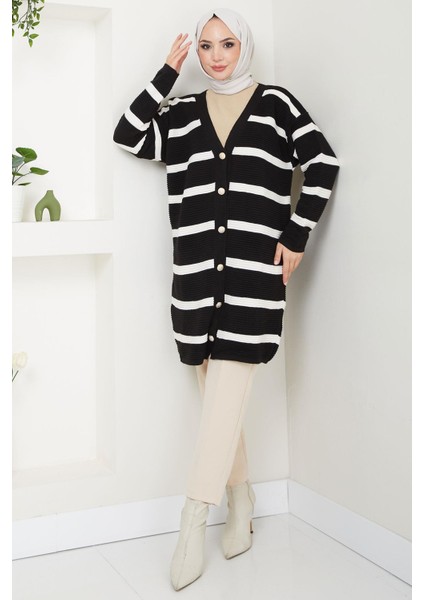 Çizgili Fitilli Triko Hırka Siyah HM2589