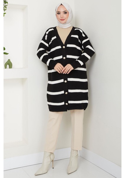 Çizgili Fitilli Triko Hırka Siyah HM2589 fiyatları