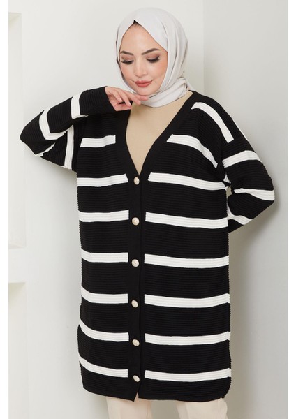 Çizgili Fitilli Triko Hırka Siyah HM2589 indirimleri