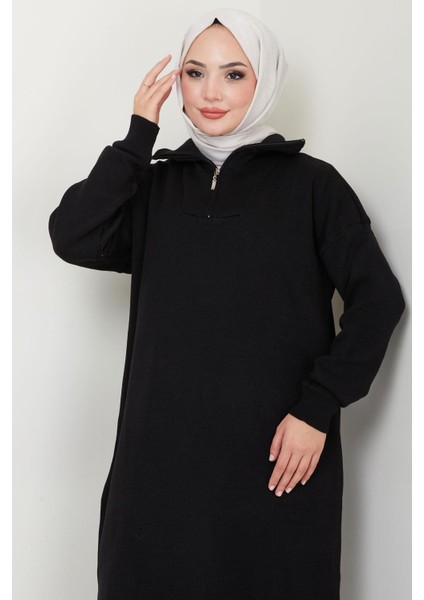 Yakası Fermuarlı Düz Triko Elbise Siyah HM2568