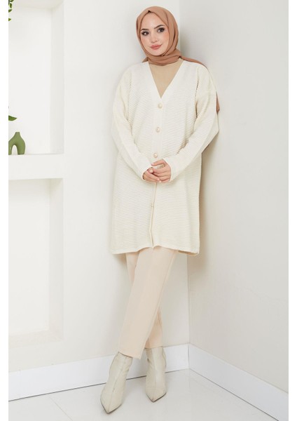 Gold Düğme Detaylı Triko Hırka Krem HM2587