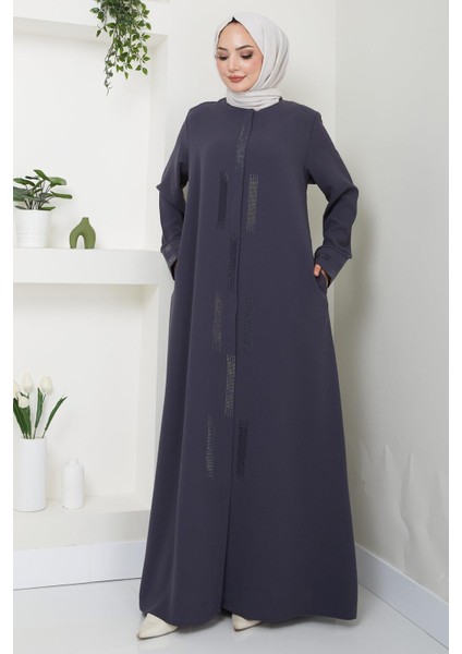 Taş Detaylı Büyük Beden Ferace Füme HM2047 fırsatları