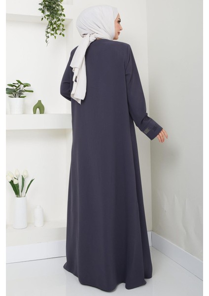 Taş Detaylı Büyük Beden Ferace Füme HM2047 indirimleri