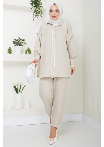 Nakış Işlemeli Ikili Takım Bej HM2491