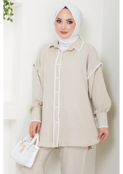 Nakış Işlemeli Ikili Takım Bej HM2491 modelleri