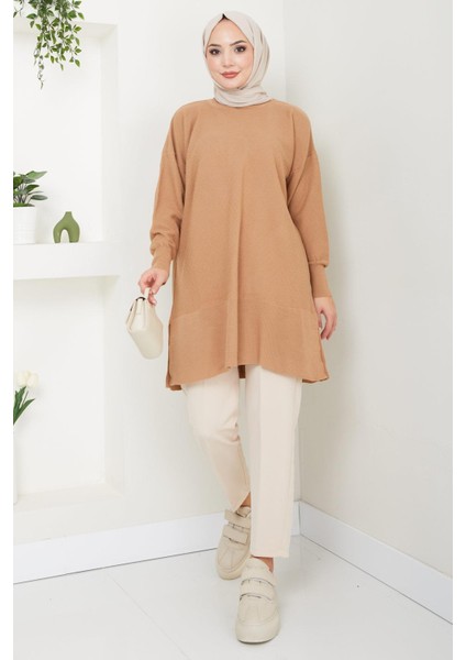 Yırtmaçlı Bisiklet Yaka Triko Tunik Camel HM2533 fiyatları