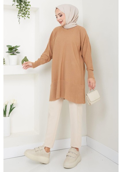 Yırtmaçlı Bisiklet Yaka Triko Tunik Camel HM2533 fırsatları