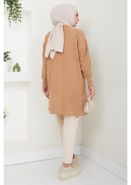 Yırtmaçlı Bisiklet Yaka Triko Tunik Camel HM2533 indirimleri