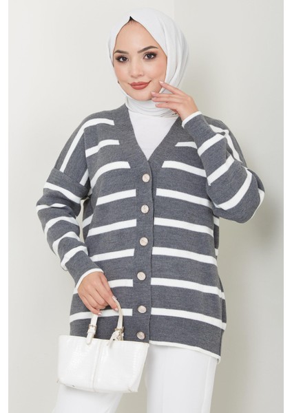 Düğme Detaylı Çizgili Araboy Triko Hırka Füme HM2516