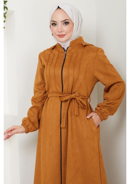 Nervürlü Kapüşonlu Süet Ferace Taba HM2544