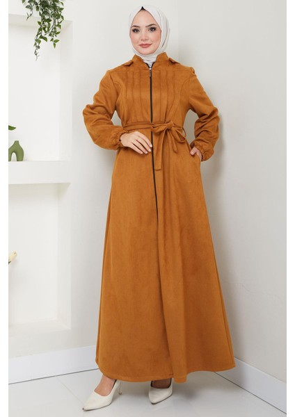 Nervürlü Kapüşonlu Süet Ferace Taba HM2544 fiyatları