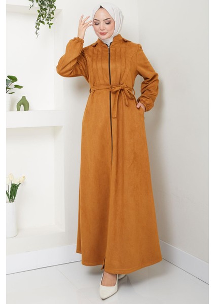 Nervürlü Kapüşonlu Süet Ferace Taba HM2544 modelleri