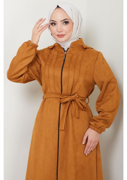 Nervürlü Kapüşonlu Süet Ferace Taba HM2544 fırsatları